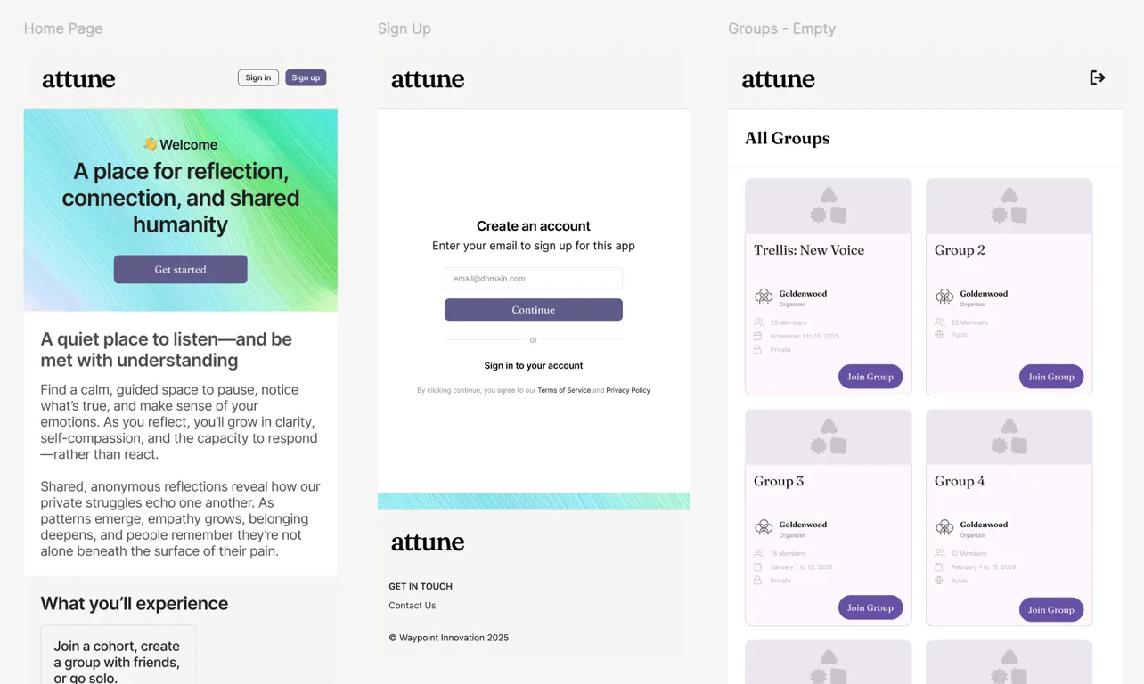 Figma canvas with early mobile screen designs for Attune