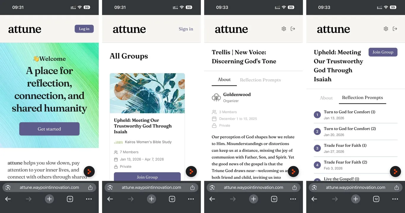Four phone screenshots of Attune: the welcome screen, the list of groups, a group’s About tab, and a group’s schedule of reflection prompts