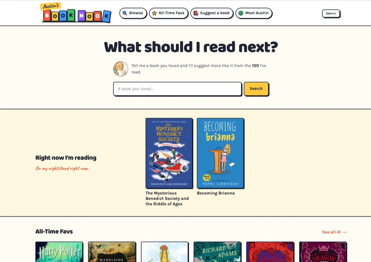 The Austin’s Book Nook home page: a search box under the headline What should I read next?, the books Austin is reading right now, and her all-time favorites