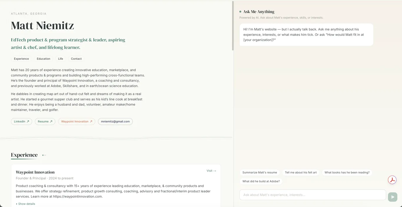 The new mattniemitz.com: a scrolling profile on the left and an Ask Me Anything chat panel on the right